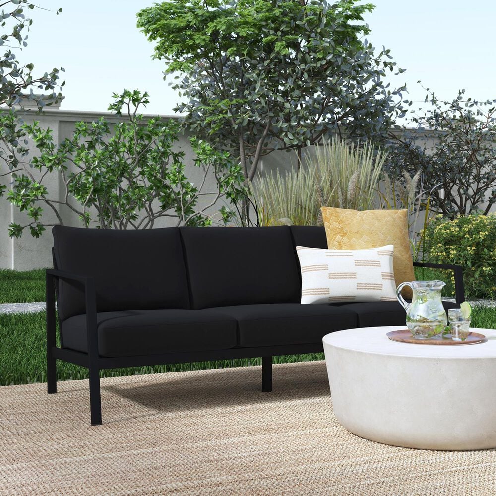 Linon Home Decor Holland Outdoor Sofa with Black Cushions in Black, , large