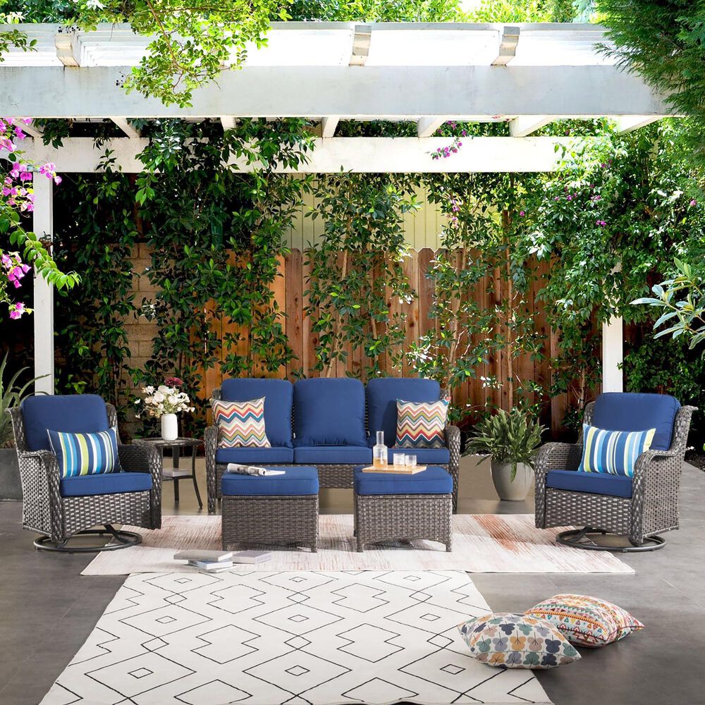 HOMLUX HOMLUX 6-Piece Patio Furniture Set with Swivel Rocking Chairs, High Back Outdoor Wicker Sofa Couch, Brown Rattan in Navy Blue, , large