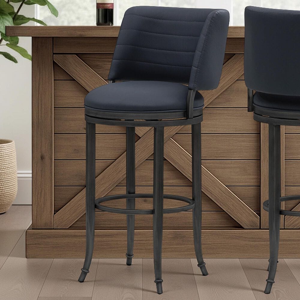 Armen Living Torres Bar Height Stool with Night Life Blue Upholstery in Antique Pewter, , large