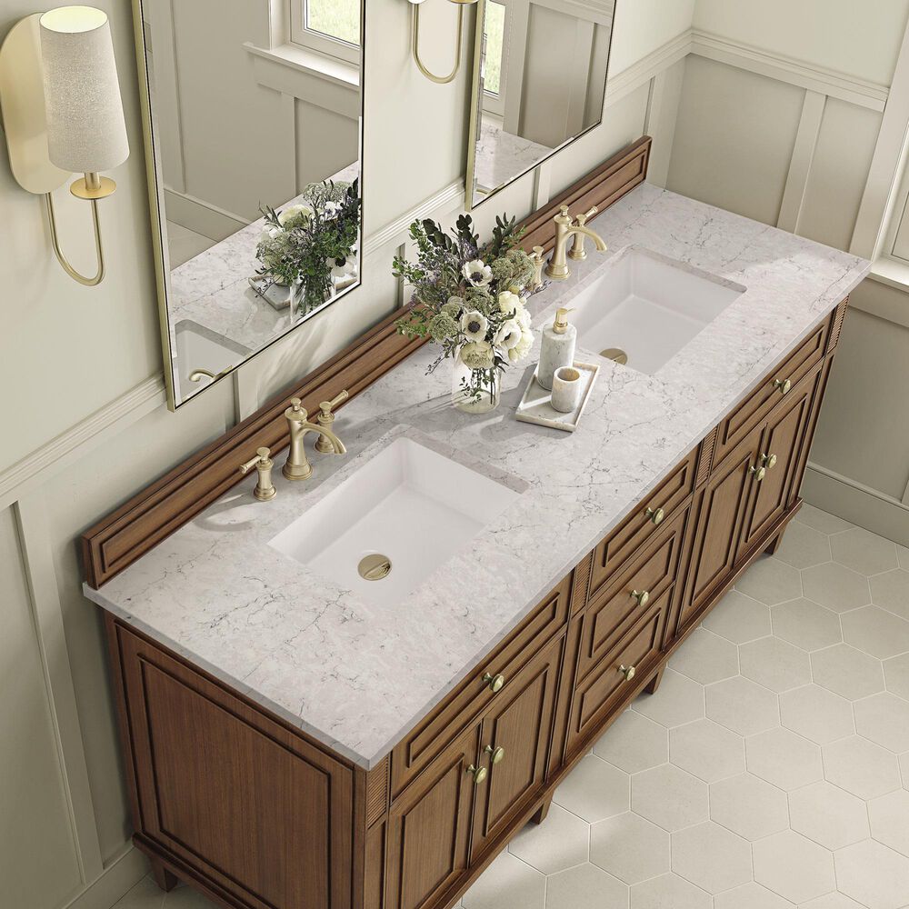 James Martin Vanities Lorelai 72&quot;Double Vanity in Mid-Century Walnut with 3 cm Eternal Jasmine Pearl Quartz Top, , large