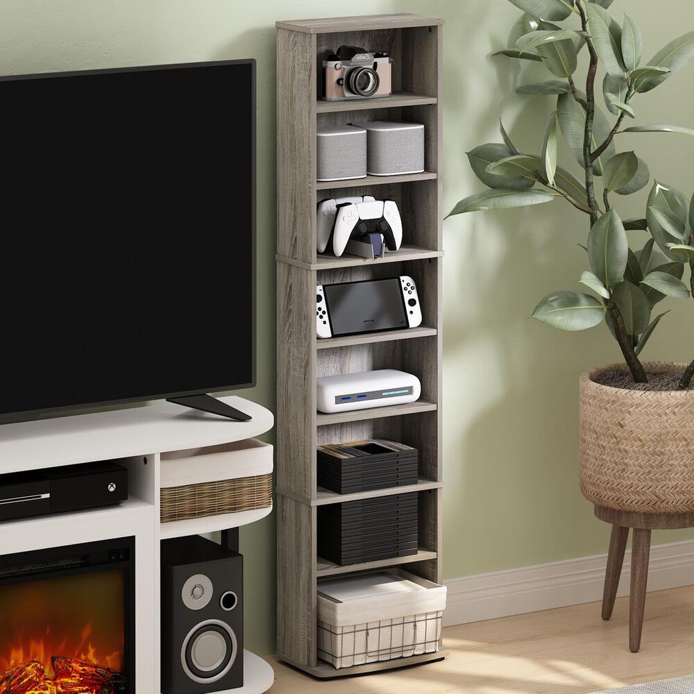 HOMLUX 8-Tier Multimedia Storage Tower with Adjustable Shelves in French Oak Grey, , large