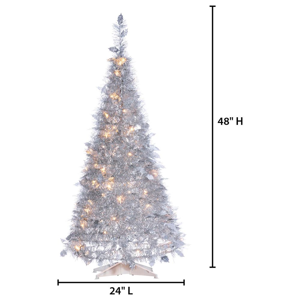 The Gerson Company 4&#39; Pop-Up LED Silver Tinsel Tree with Holly Leaves in Silver, , large