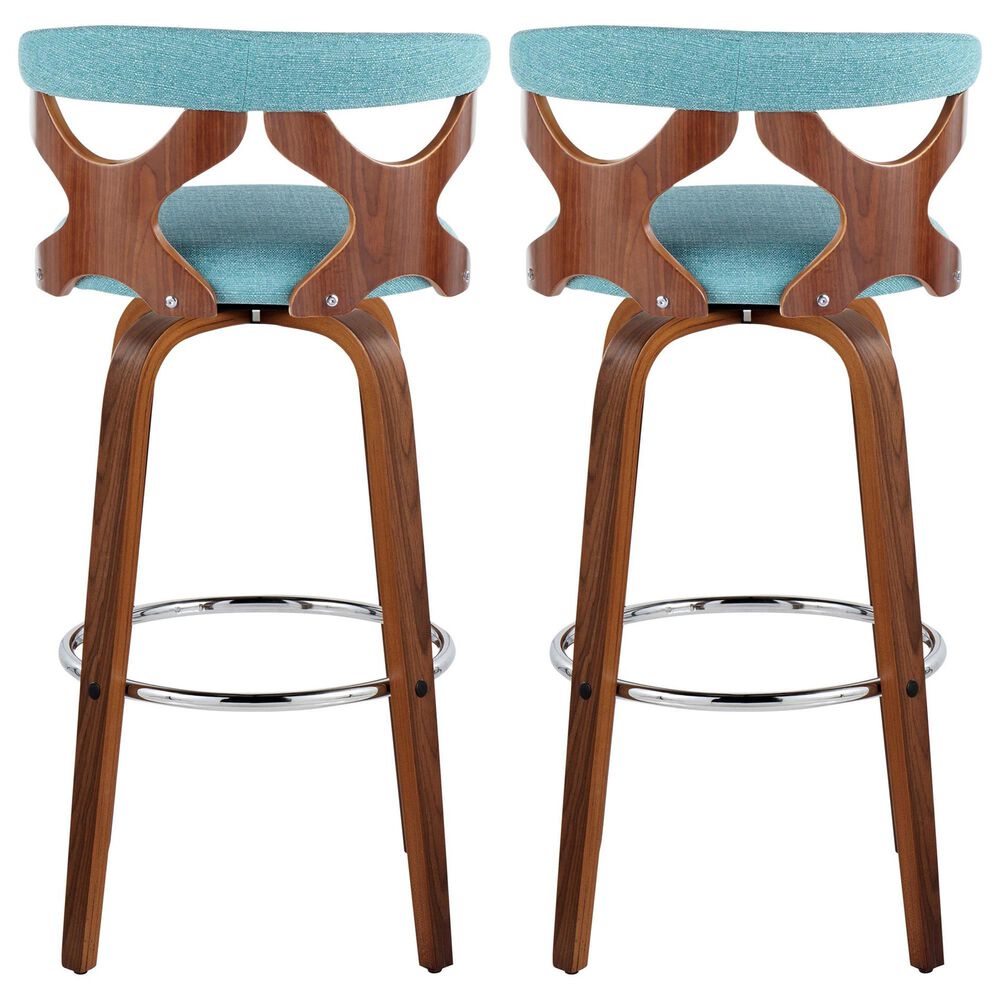 LumiSource Gardenia Swivel Fixed-Height Bar Stool with Teal Fabric Upholstery in Chrome and Walnut (Set of 2), , large