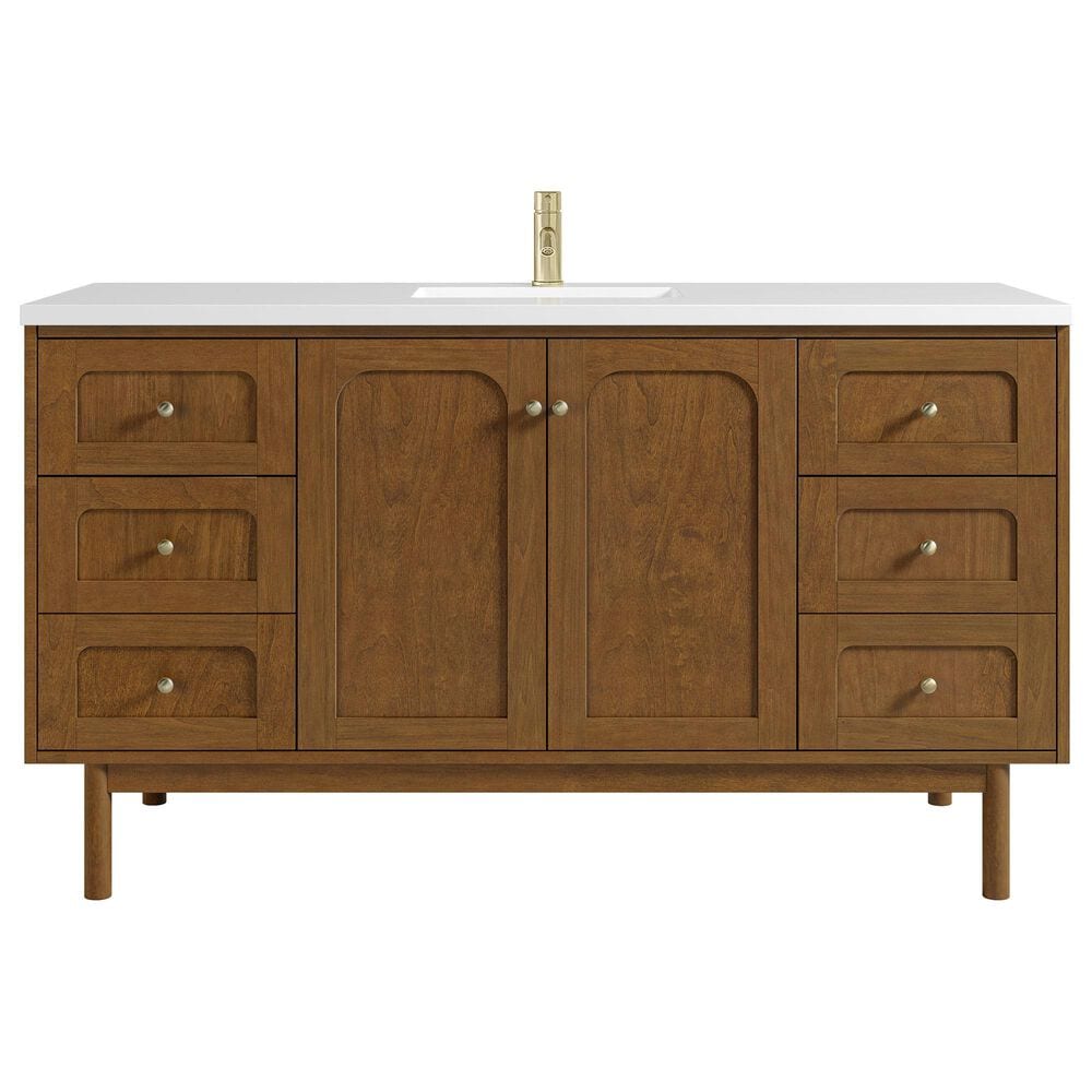 James Martin Laurent 60" Single Bathroom Vanity in Honey Oak with Single Hole 3 cm White Zeus Silestone Top and Rectangular Sink, , large