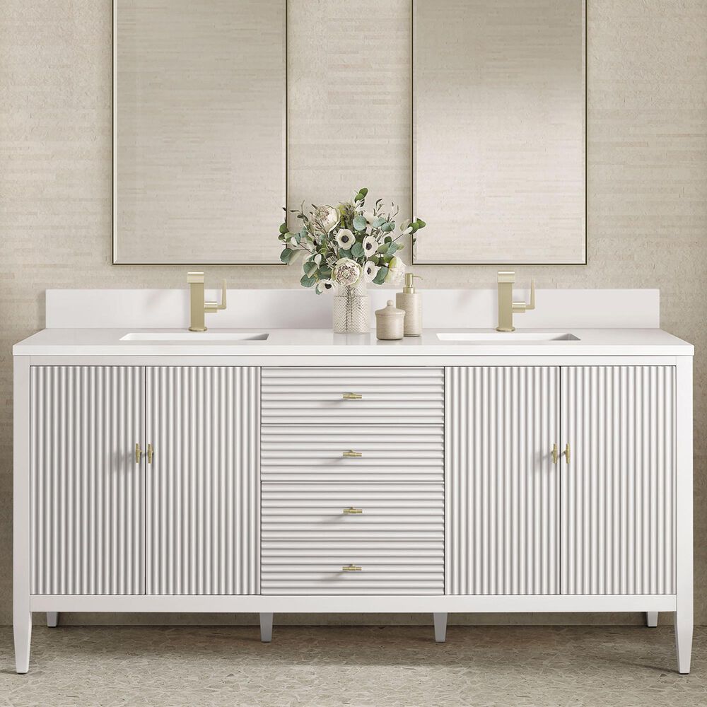 James Martin Vanities Myrrin 72" Vanity in Bright White with Single Hole 3 cm White Zeus Quartz Top &amp; Backsplash, , large