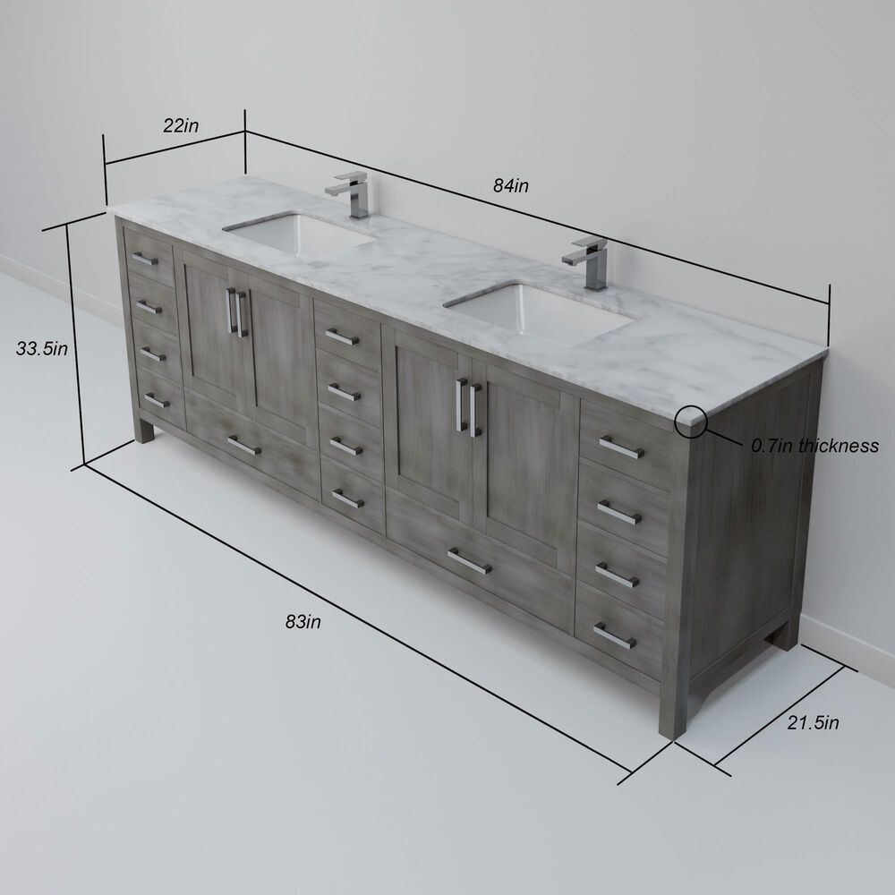 Lexora Home Jacques 84" Double Bathroom Vanity in Distressed Grey with 2 cm White Carrara Marble Top and Rectangular Sinks, , large