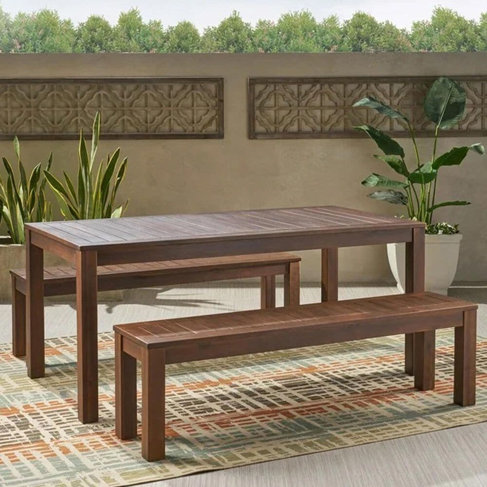 Hearth and Haven 3-Piece Outdoor Courtyard Table and Bench Set in Dark Brown, , large