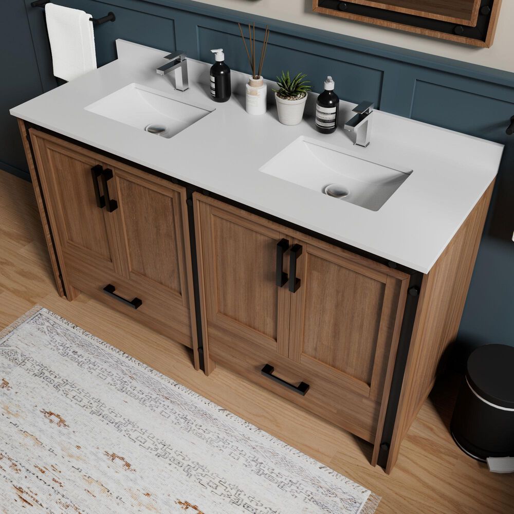 Lexora Home Ziva 60" Double Bathroom Vanity in Rustic Barnwood with 2 cm White Quartz Top and Rectangular Sinks, , large