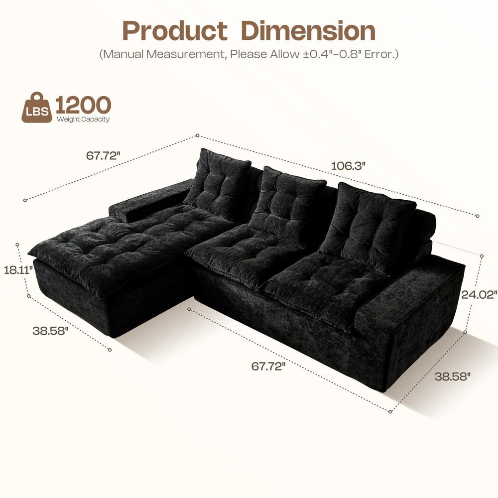 HOMLUX 2-Piece Left Facing Sectional with Chaise in Black, , large