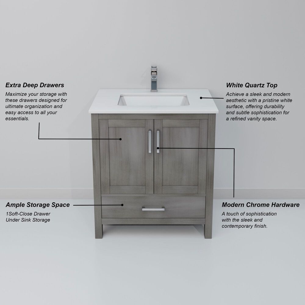 Lexora Home Jacques 30" Single Bathroom Vanity in Distressed Grey with 2 cm White Quartz Top and Rectangular Sink, , large