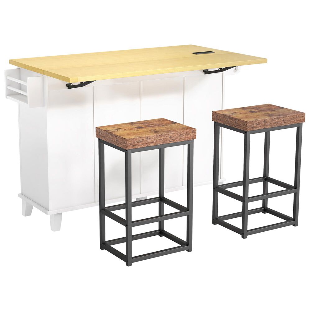 HOMLUX Farmhouse Kitchen Island with Drop Leaf and 2 Stools in White, Natural, Black and Rustic Brown, , large