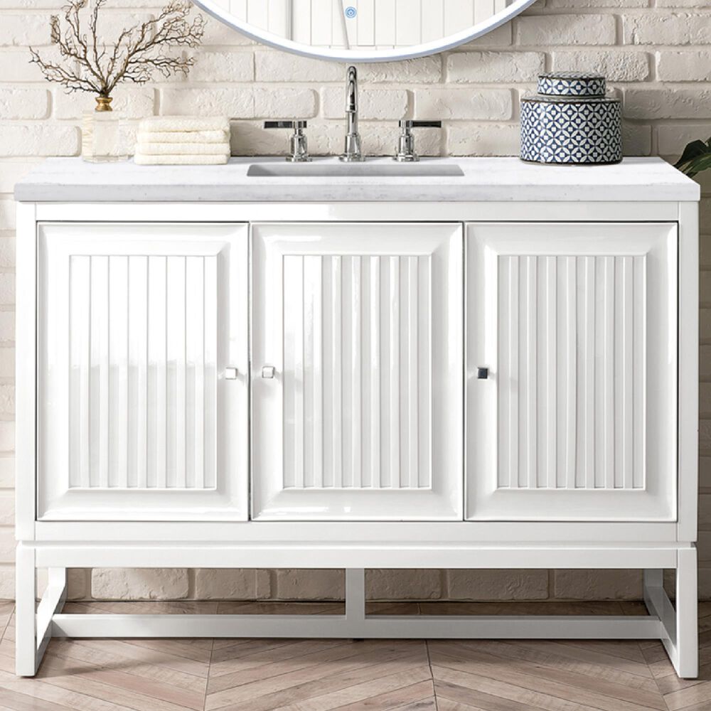 James Martin Vanities Athens 48&quot; Single Bathroom Vanity in Glossy White with 3 cm Arctic Fall Solid Surface Top and Rectangular Sink, , large