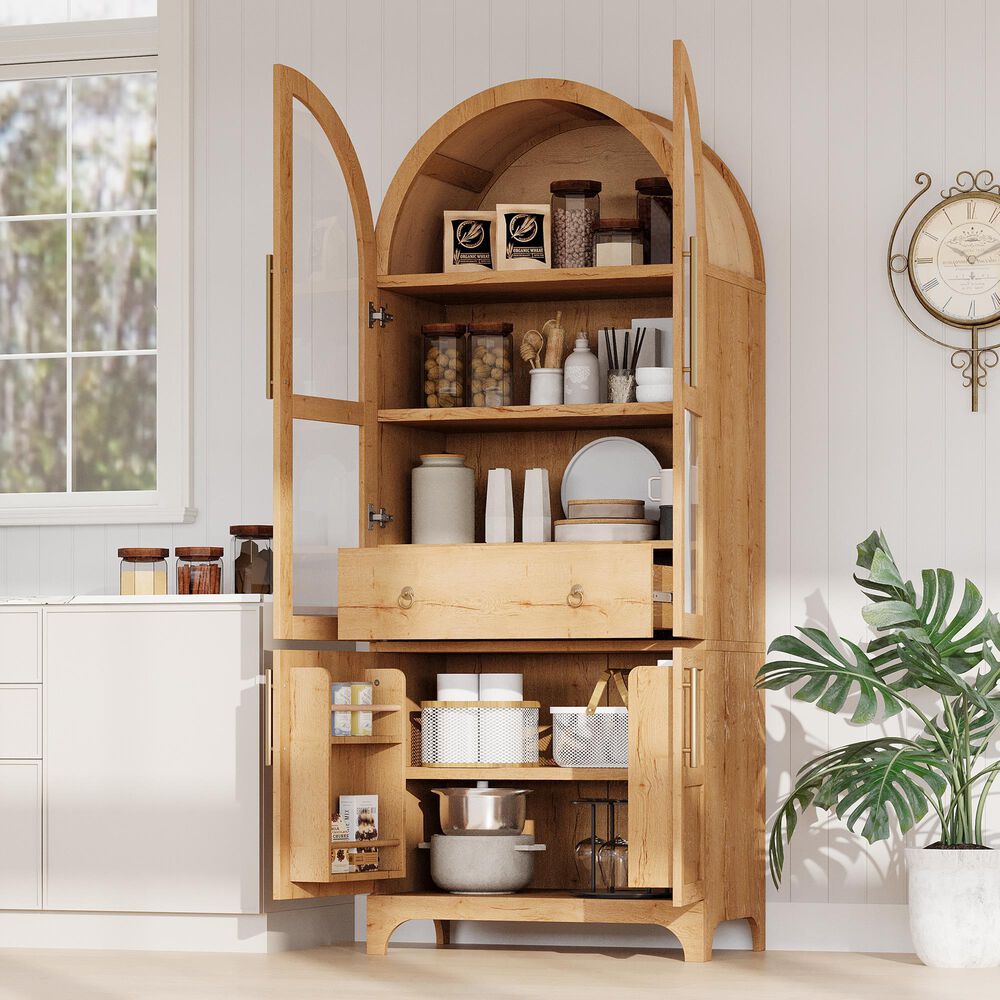 HOMLUX HOMLUX 71" Tall Arched Kitchen Pantry Cabinet with Door Shelves, Farmhouse Kitchen Storage Cabinet with Open &amp; Adjustable Shelves, Hidden Drawer &amp; Glass Door, Cupboard for Kitchen, Dining Room, Natural, , large