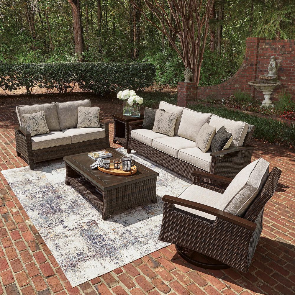 Ashley Monterey Point Stationary Loveseat with Beige Cushions in Dark Brown, , large