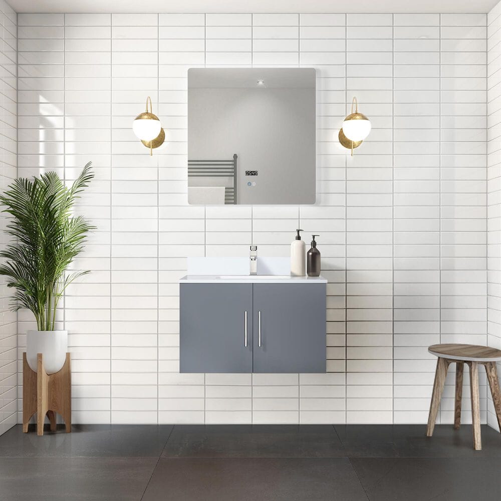 Lexora Home Geneva 30&quot; Single Bathroom Vanity in Dark Grey with 2 cm White Quartz Top and Rectangular Sink, , large