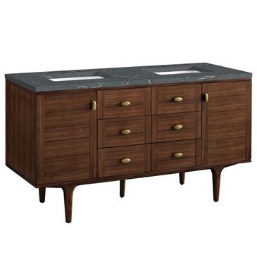James Martin Vanities Amberly 60" Double Bathroom Vanity in Mid-Century Walnut with 3 cm Parisien Bleu Quartz Top and Rectangular Sinks, , large