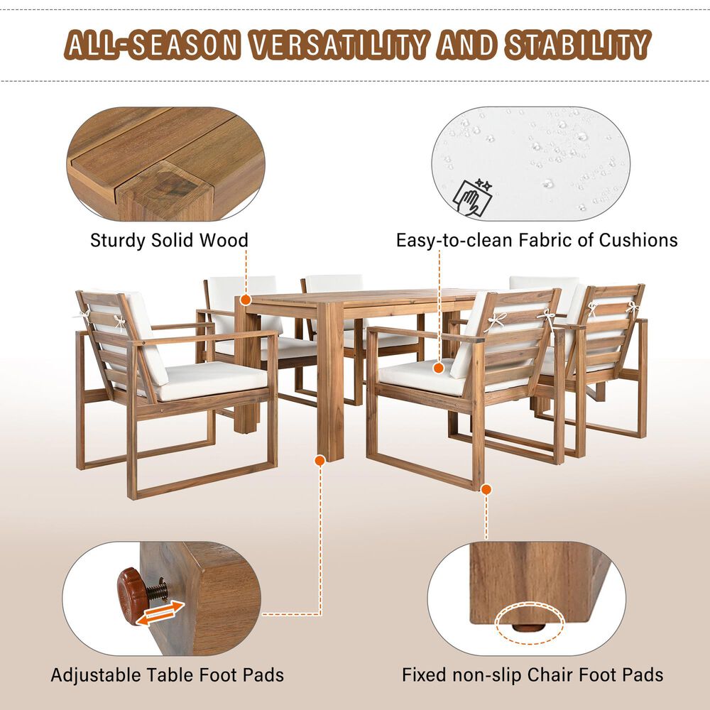 HOMLUX 7-Piece Patio Dining Set with 69" Rectangular Light Teak Table and Umbrella Hole in Beige, , large