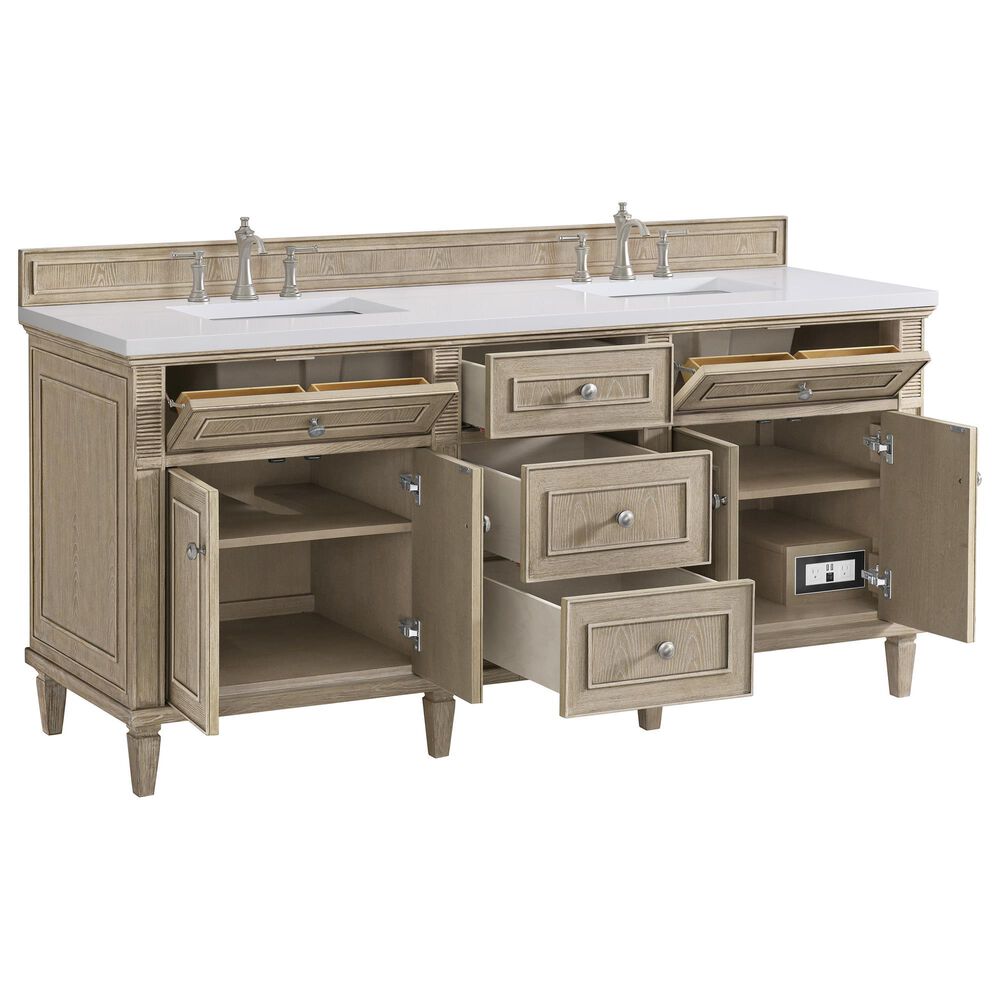 James Martin Vanities Lorelai 72&quot; Double Vanity in Whitewashed Oak with 3 cm White Zeus Quartz Top, , large