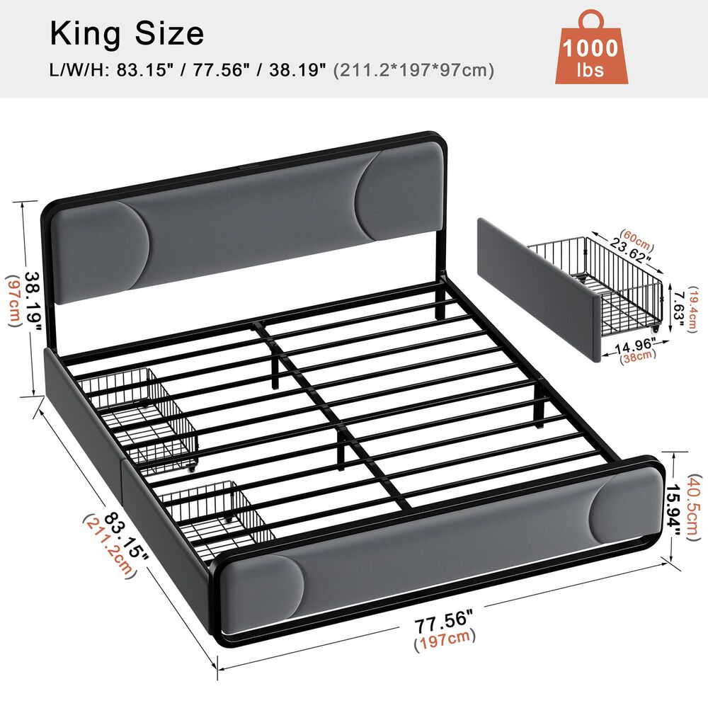 HOMLUX King Upholstered Platform Bed Frame in Gray, , large