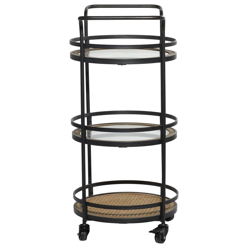 Maple and Jade 3-Shelf Bar Cart with Handle in Matte Black, Natural Brown and Clear, , large