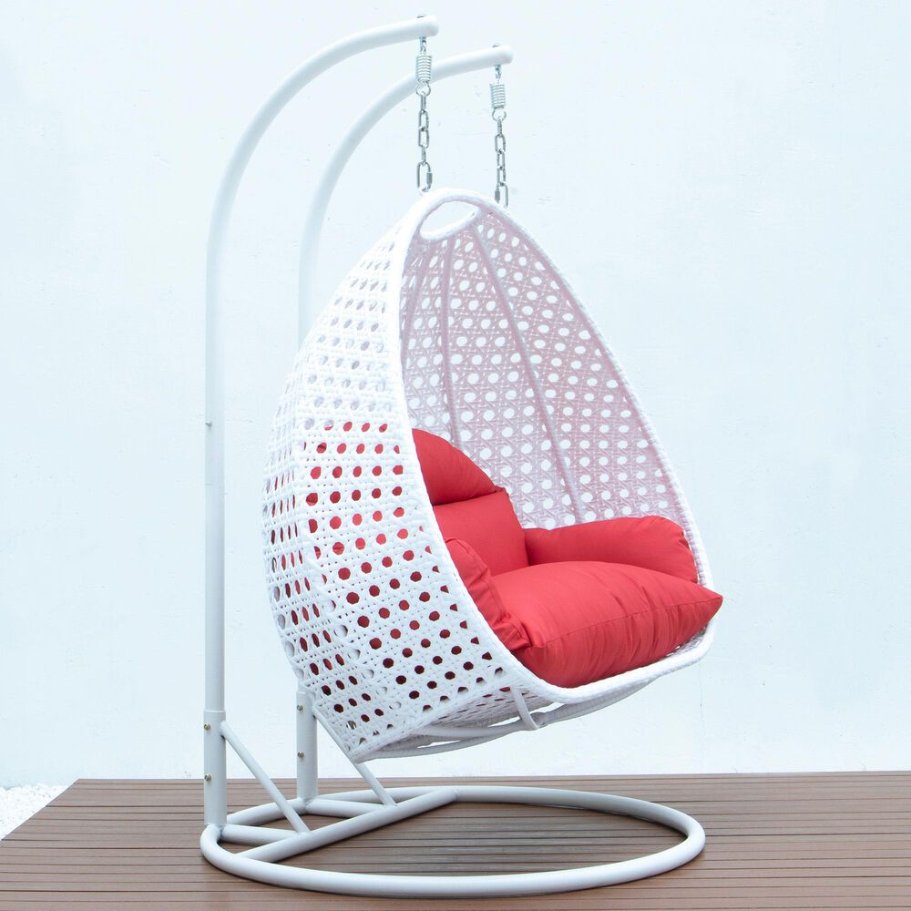 Leisuremod 2-Seat Hanging Egg Swing Chair with Red Cushion in White, , large