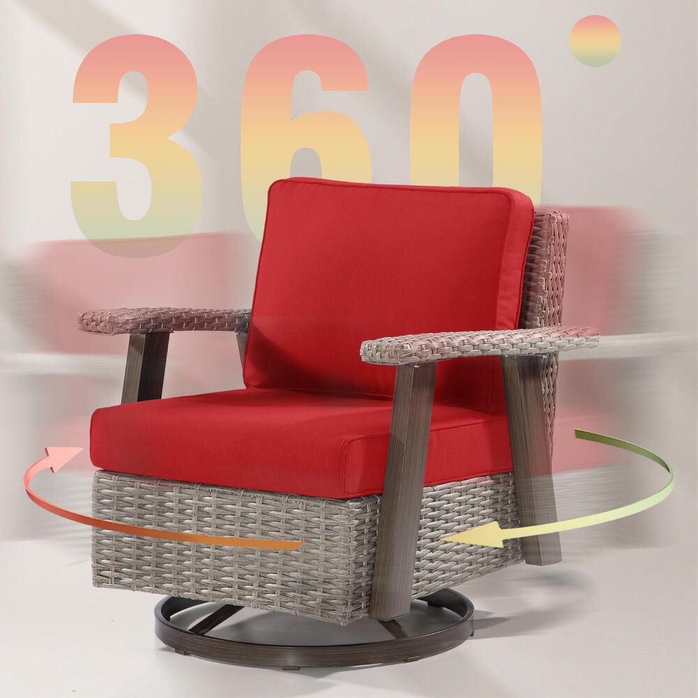 Sunwell Garden Patio Outdoor Swivel Chair with Light Gray Wicker in Red, , large