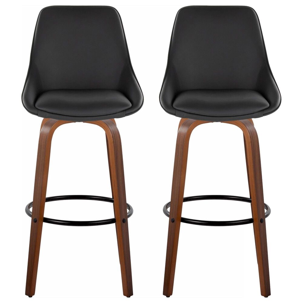 LumiSource Diana 30" Swivel Barstool with Black Faux Leather Upholstery in Walnut and Black (Set of 2), , large