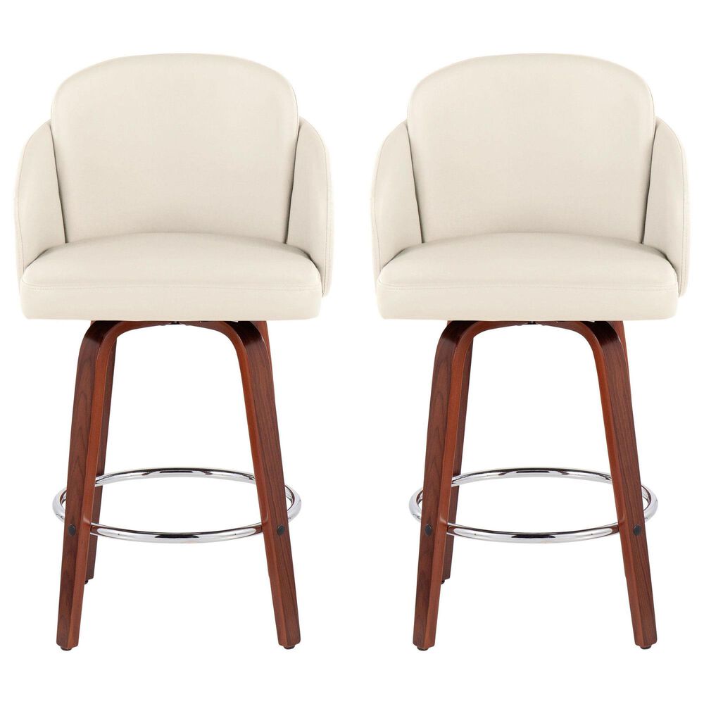 LumiSource Dahlia Swivel Counter Stool with Cream Faux Leather Upholstery in Walnut and Chrome (Set of 2), , large