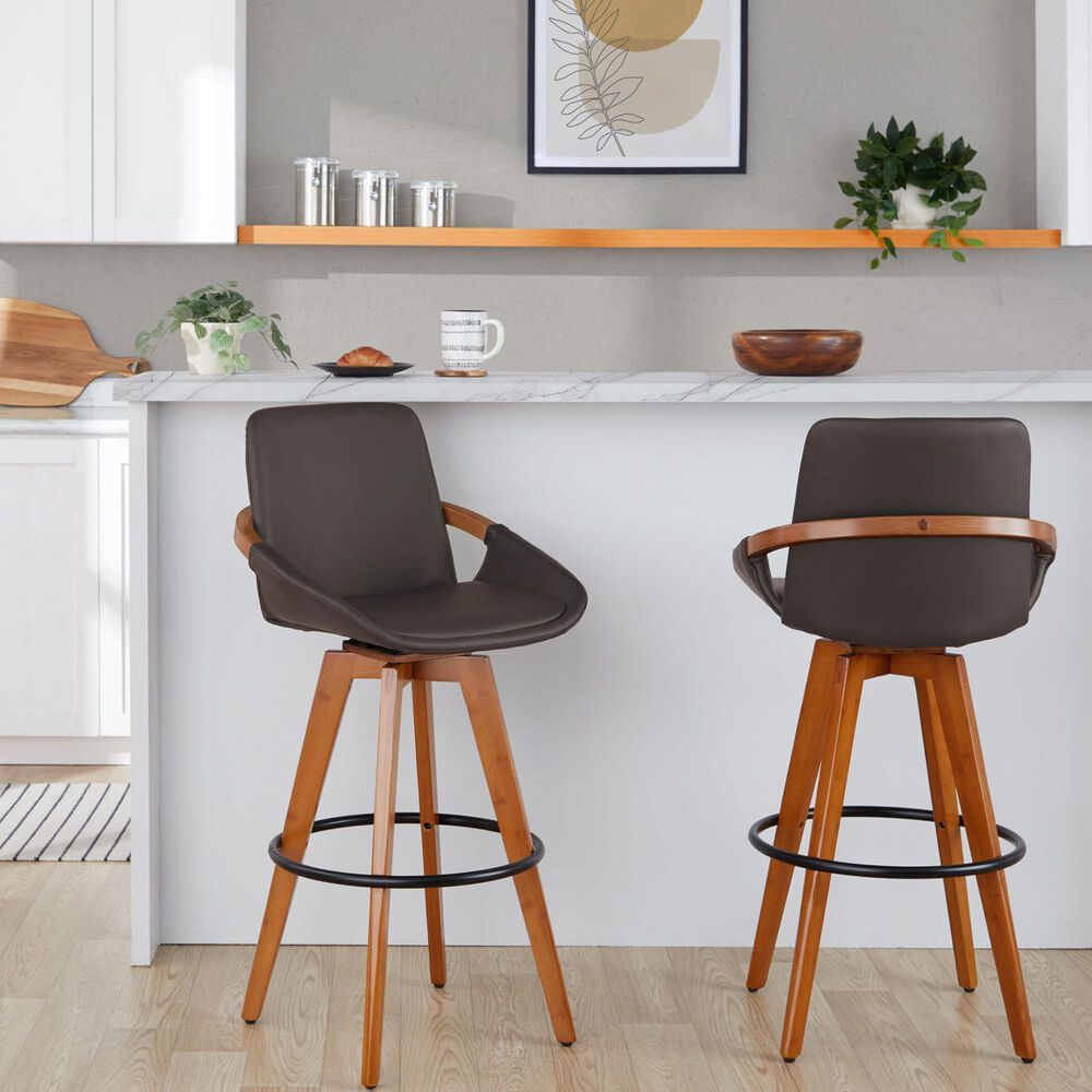 Lumisource Cosmo Swivel Barstool with Brown Cushion in Walnut and Black, , large