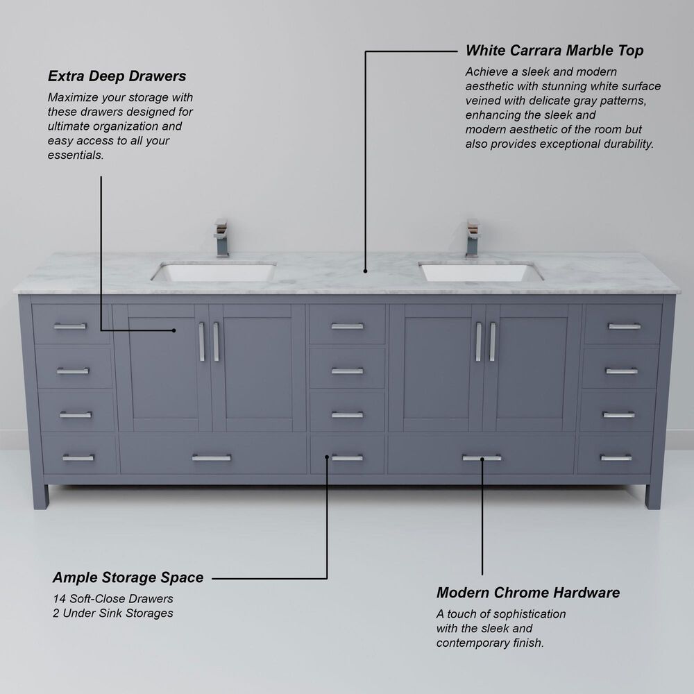 Lexora Home Jacques 84&quot; Double Bathroom Vanity in Dark Grey with 2 cm White Carrara Marble Top and Rectangular Sinks, , large