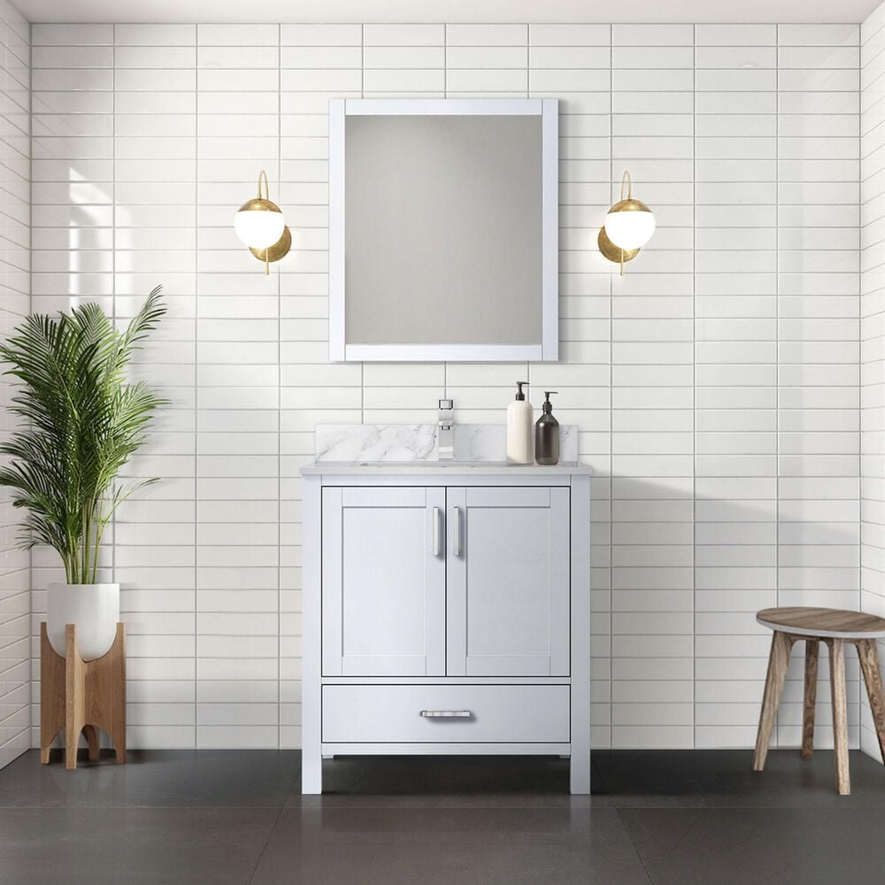 Lexora Home Jacques 30&quot; Single Bathroom Vanity in White with 2 cm White Carrara Marble Top and Rectangular Sink, , large