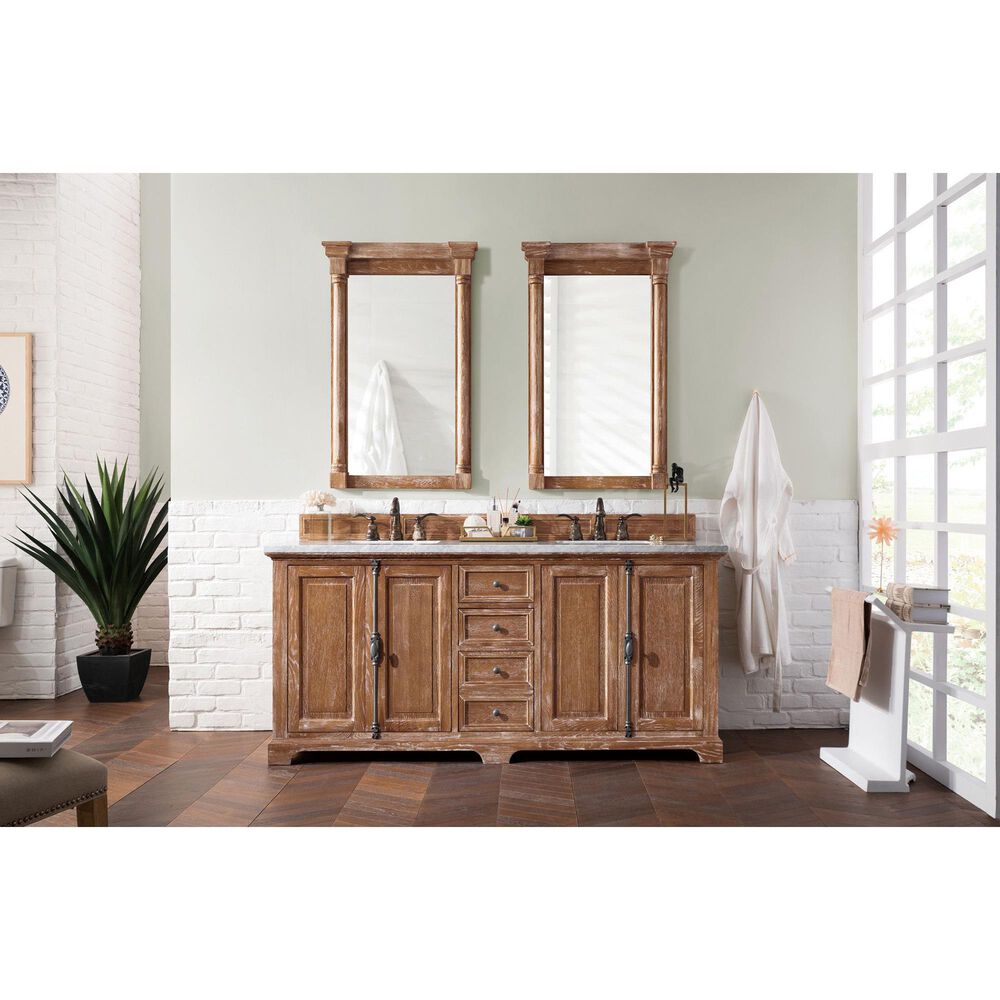 James Martin Vanities Providence 72&quot; Double Bathroom Vanity in Driftwood with 3 cm Carrara White Marble Top and Rectangular Sinks, , large