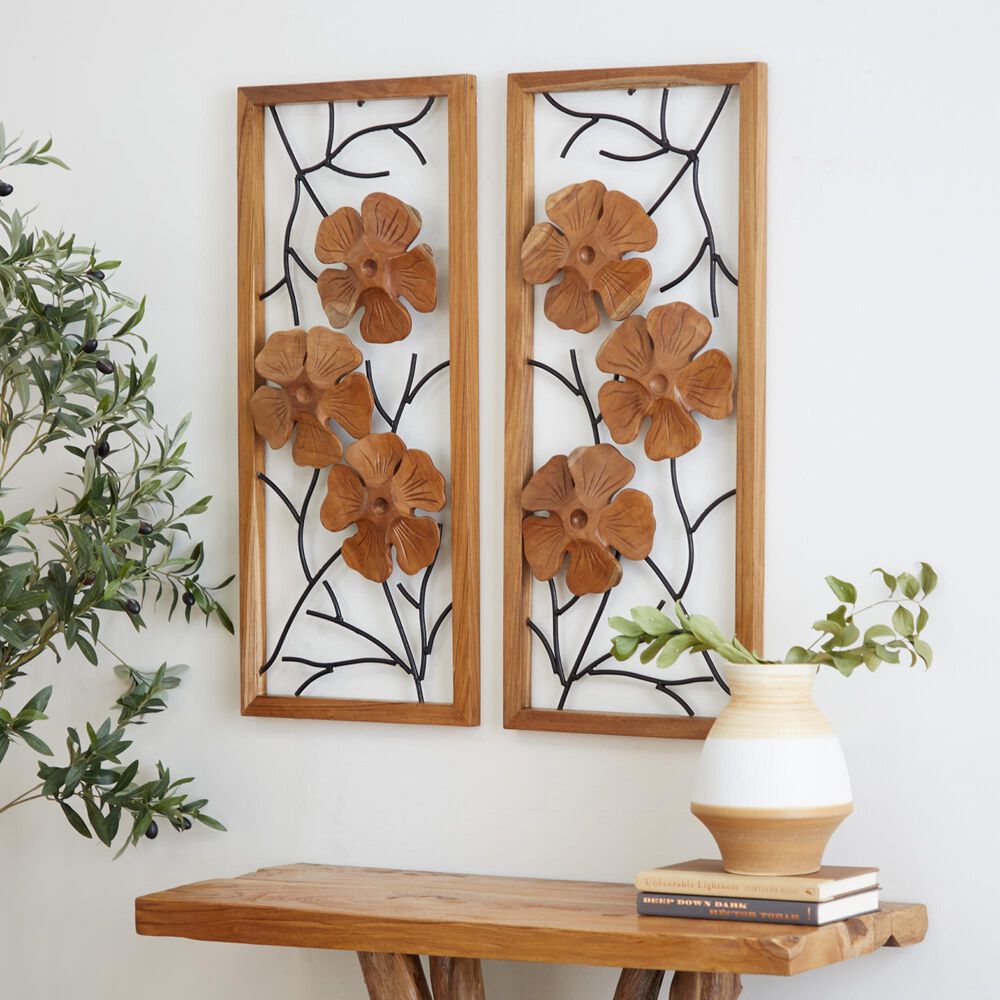 Maple and Jade 32&quot; x 14&quot; Flowers Wall Decor in Natural Brown &#40;Set of 2&#41;, , large