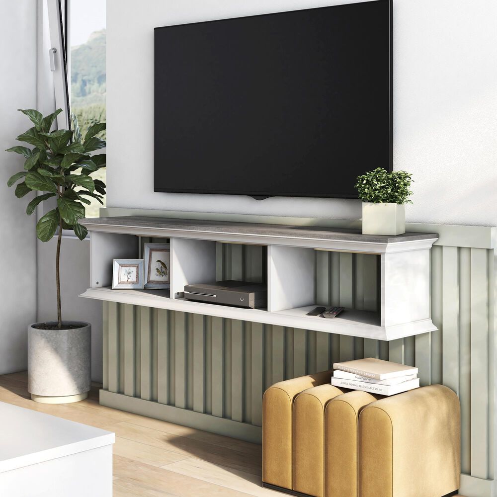 Furniture of America Moen 63&quot; Floating TV Console in White and Vintage Gray Oak, , large