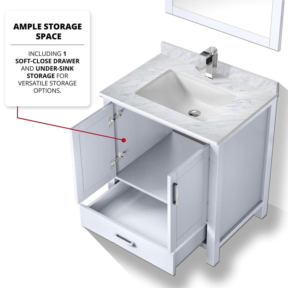 Lexora Home Jacques 30&quot; Single Bathroom Vanity in White with 2 cm White Carrara Marble Top and Rectangular Sink, , large