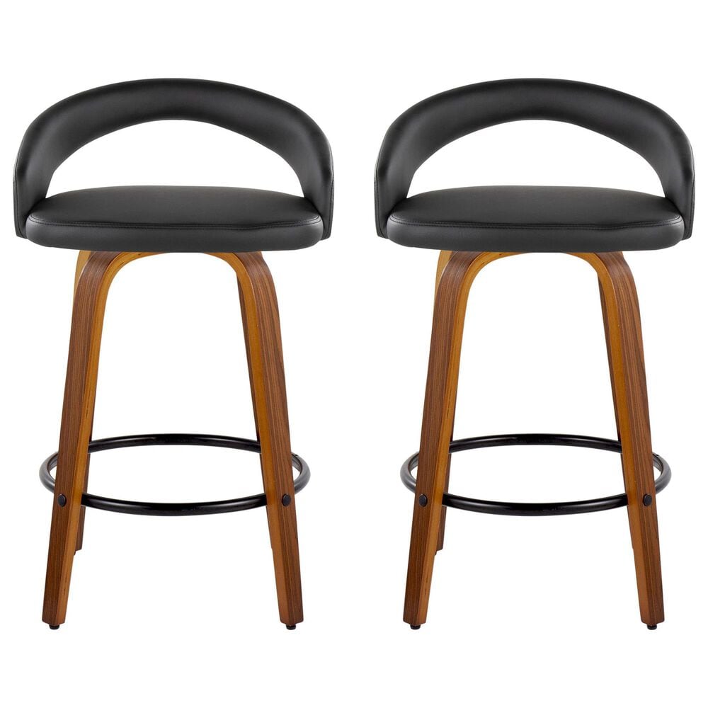LumiSource Grotto 26" Swivel Counter Stool with Black Faux Leather Upholstery in Walnut and Black (Set of 2), , large
