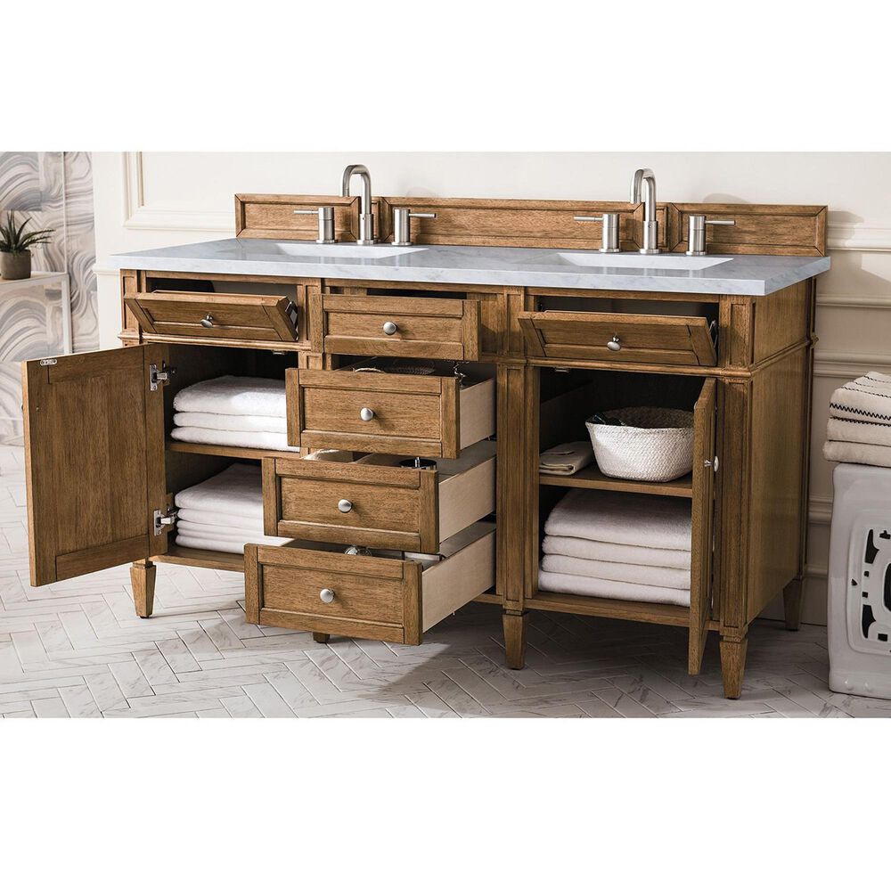 James Martin Vanities Brittany 60&quot; Double Bathroom Vanity in Saddle Brown with 3 cm Carrara White Marble Top and Rectangular Sinks, , large