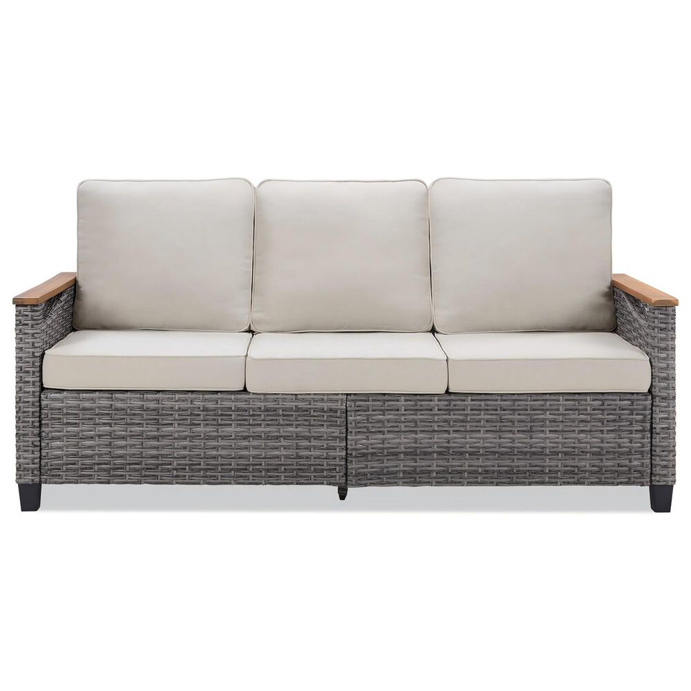Sunwell Garden 32"H 3-Seater Outdoor Sofa with Acacia Wood Armrests and Beige Cushions in Gray, , large