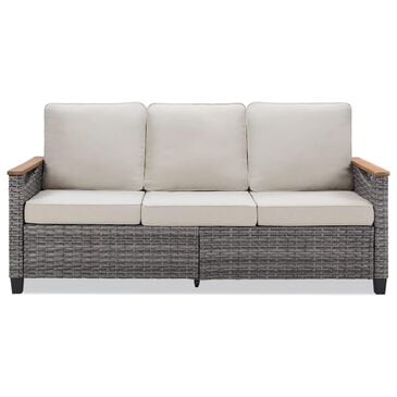 Sunwell Garden 32"H 3-Seater Outdoor Sofa with Acacia Wood Armrests and Beige Cushions in Gray, , large