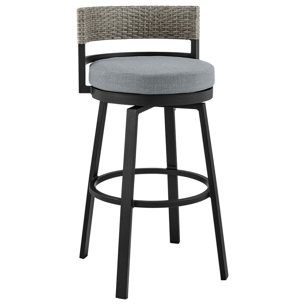 Armen Living Encinitas Patio Swivel Counter Height Bar Stool with Dark Gray Cushion in Black, , large
