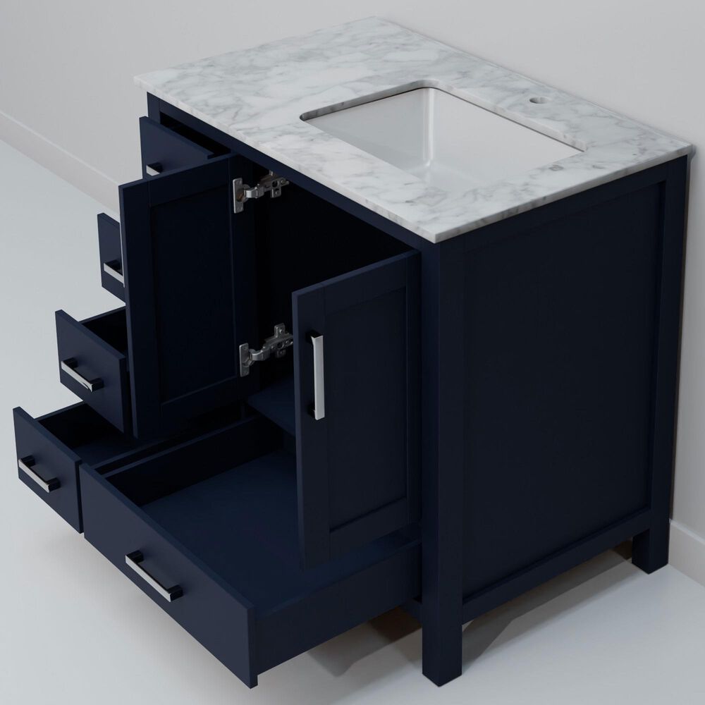 Lexora Home Jacques 36&quot; Right Offset Single Bathroom Vanity in Navy Blue with 2 cm White Carrara Marble Top and Rectangular Sink, , large