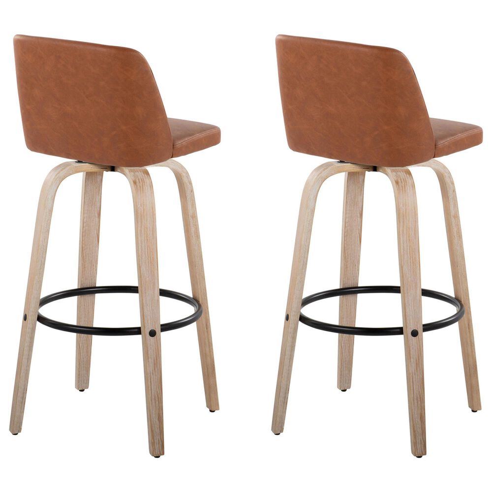 LumiSource Toriano Swivel Bar Stool with Camel Faux Leather Upholstery in Whitewashed and Black (Set of 2), , large