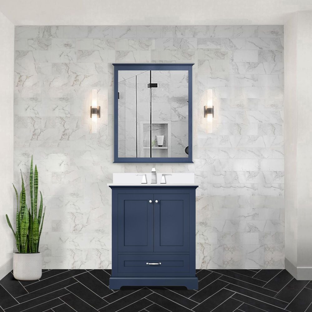 Lexora Home Dukes 30&quot; Single Bathroom Vanity in Navy Blue with 2 cm White Cultured Marble Top and Rectangular Sink, , large