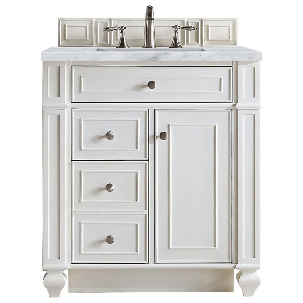 James Martin Vanities Bristol 30" Single Bathroom Vanity in Bright White with 3 cm Carrara White Marble Top and Rectangular Sink, , large