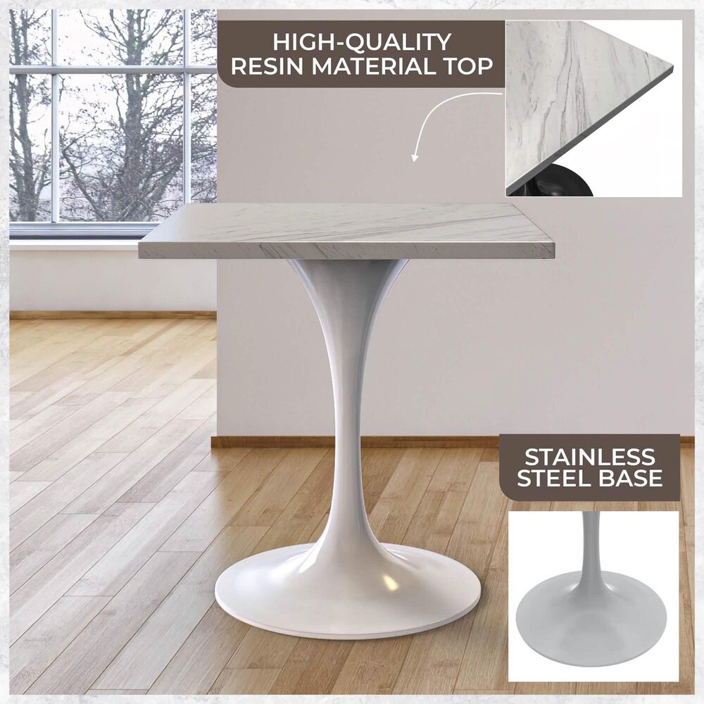 Leisuremod LeisureMod Verve Collection 36 Square Dining Table, Brushed Base with Laminated White Marbleized Top, , large