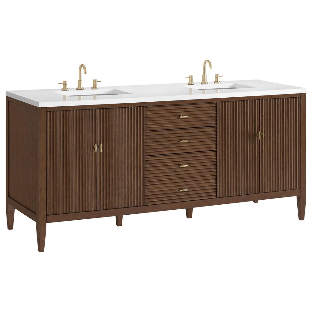 James Martin Vanities Myrrin 72" Double Vanity in Mid-Century Walnut with 3 cm White Zeus Quartz Top, , large