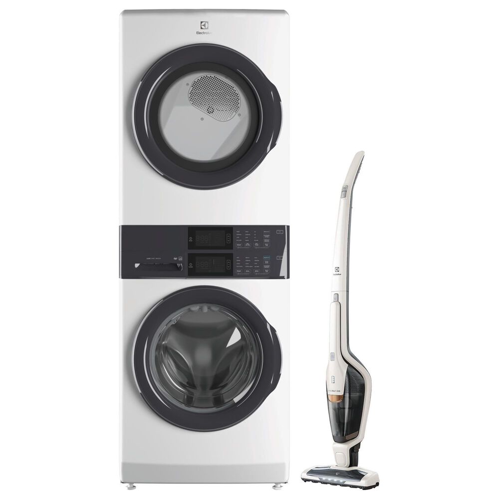 Electrolux 4.4 Cu. Ft. Front Load Washer and 8 Cu. Ft. Electric Dryer Stack Laundry with Satin White Cordless 2-in-1 Vacuum in White, , large