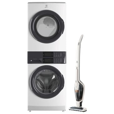 Electrolux 4.4 Cu. Ft. Front Load Washer and 8 Cu. Ft. Electric Dryer Stack Laundry with Satin White Cordless 2-in-1 Vacuum in White, , large