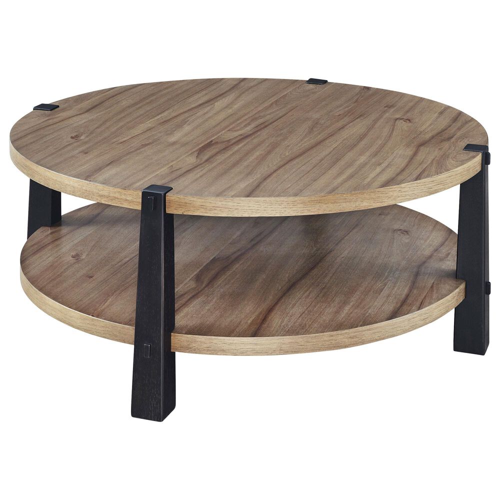 Ashley Ridgester Round Coffee Table in Light Brown and Matte Black, , large