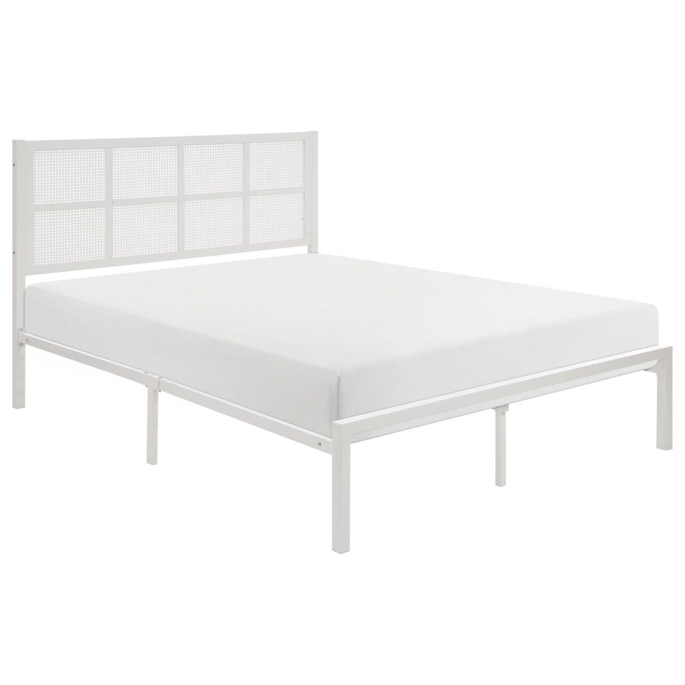 Hearth and Haven Eastern King Platform Bed with Faux Cane Panel Headboard in White, , large